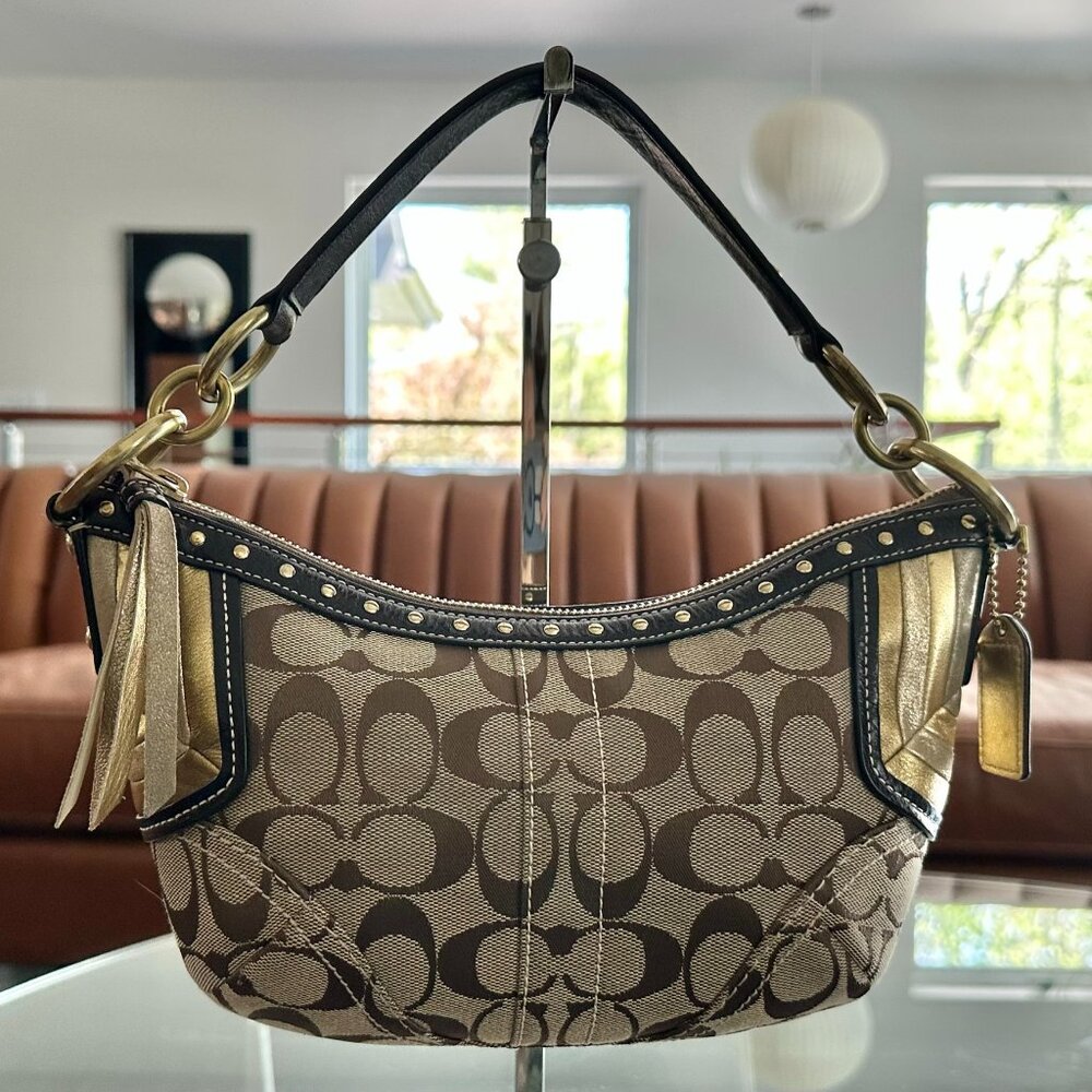 COACH Mini Zoe Studded Jacquard Signature  Logo Baguette Handbag Satchel Purse